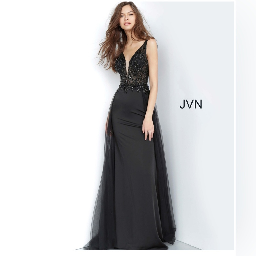JVN Black Beaded Plunge-Neck Prom Gown